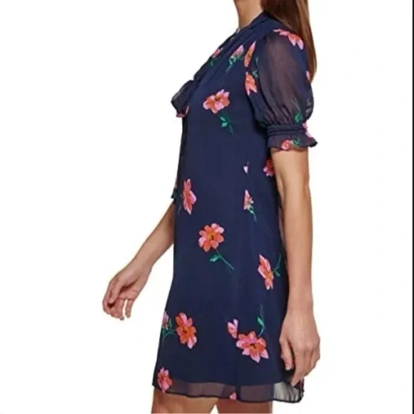 DKNY Dress Size 8 Navy Floral Chiffon Tie Neck Short Sleeve - Picture 3 of 12